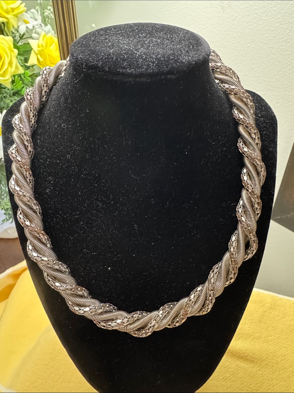 Braided Metallic Statement Necklace - Silver Tone